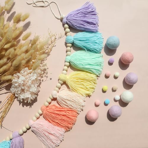 DCJHFJ Pastel Rainbow Boho Tassel Garland Wall Hanging with Wood Beads for Baby Shower Birthday Party Classroom Dorm Nursery Decor - color: Macaron