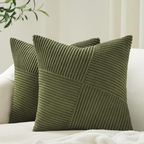 Topfinel 12x12 Inch Olive Green Decorative Throw Pillow Covers Set of 2,Soft Corduroy Small Couch Pillow Covers Windmill Textured Striped Patchwork Cushion Cover Cute Aesthetic Home Decor - color: Olivegreen, size: 12" x 12" (Pack of 2)