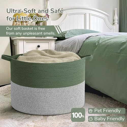 INDRESSME 115L Extra Large Cotton Rope Blanket Basket, Home Decor Laundry Storage Basket for Organizing Bedroom, Living Room, Nursery, Toy Storage for Colthes Towel, Green - color: Green & White, size: 23.6"D x 15.7"H