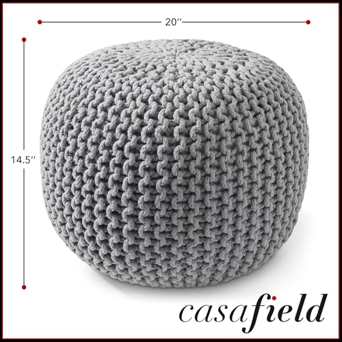 Casafield Round Pouf Ottoman, Light Gray - 20" Diameter x 14.5" High Cotton Knit Foot Stool - Boho Floor Pouffe for Living Room, Bedroom, Home Office - color: Light Gray, size: 20"D x 20"W x 14.5"H
