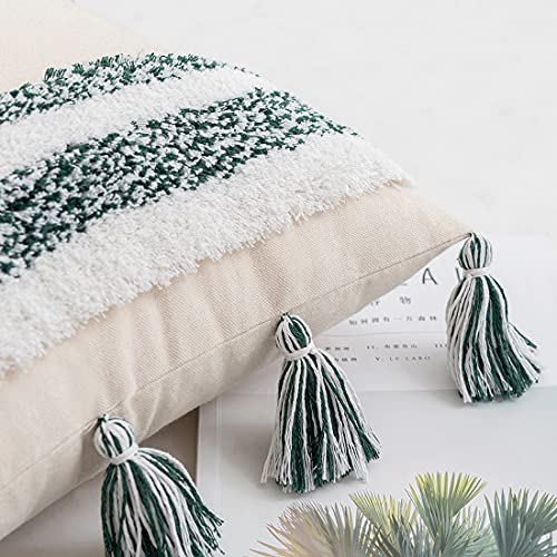 Boho Throw Pillow Cover Tufted Woven Decorative Pillowcase with Tassel Accent Square Farmhouse Stripe Cushion Cover for Sofa Bed Living Room (Green,18x18 Inch) - color: Green, size: 18" x 18" (Pack of 1)