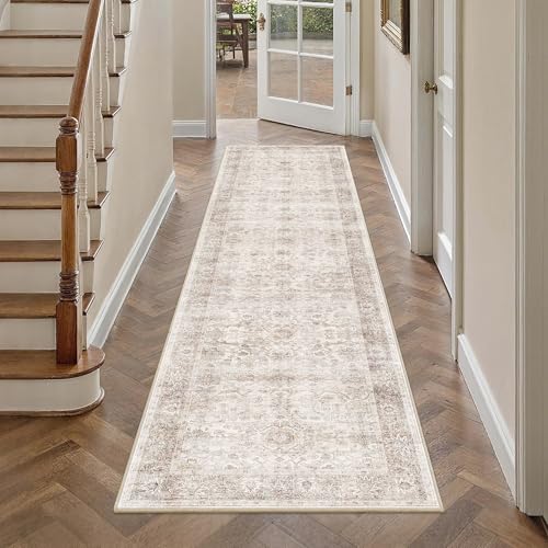 2x6 Beige Vintage Washable Runner Rugs for Hallway Kitchen Boho Hallway Rug Low Pile Non-Slip Retro Distressed Accent Throw Carpet for Entryway Bathroom Bedroom Neutral Beige - color: Neutral Beige, size: 2'*6'(Runner)