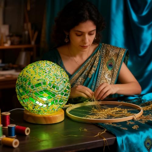 Mosaic Glass Table Lamp Spherical Decorative Light Stained Glass Lamps with Wooden Base for Art Studio Zen Space Living Room Decor Unique Holiday Gift(Baroque B - Green, Baroque) - style: Baroque B Green