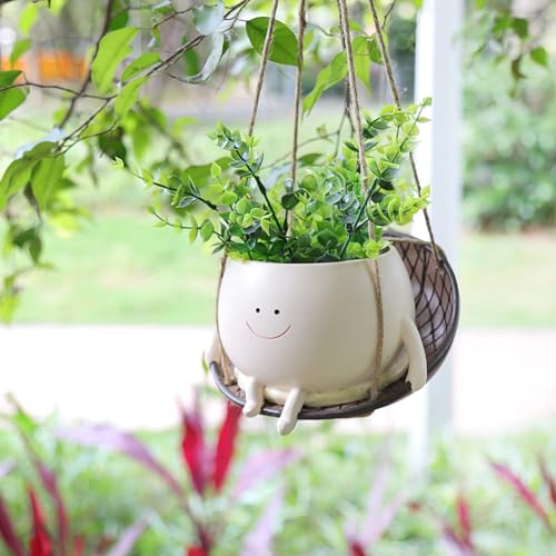 bestbear Hanging Swing Chair Planter Pot Resin Smiley Face Planter for Indoor Outdoor Plant Cute Head Flower Pots for String of Pearls Plant Live Unique IdeaI for Mother Day, Christmas (Large) - size: Large