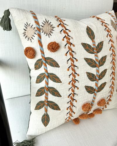 Burnt Orange Hand Embroidered 20x20 Throw Pillow Cover - Ivory Botanical Cushion Cover for Sofa Couch Living Room - Folk Boho Farmhouse Decor - Saloni - color: Burnt Orange-saloni, size: 20" x 20" (Pack of 1)