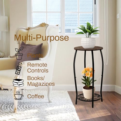 Plant Stand Indoor Outdoor, 2-Tier Tall Wood & Iron Plant Stand, 4-Leg Corner Flower Stand, Heavy Duty Floor Plant Shelf Plant Rack for Patio Living Room Balcony Home Decor