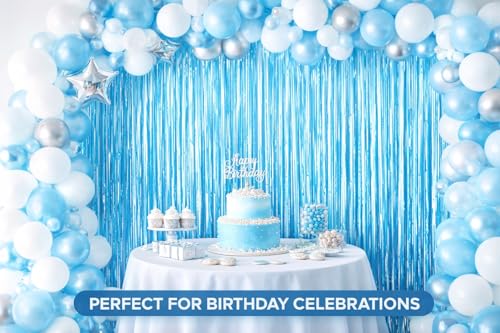 Sky Blue Fringe Curtain Backdrop 2 Pack, Foil Tinsel Curtain Decorations, Metallic Fringe Backdrop for Birthday Party, Baby Shower, Photo Booth, Blue Party Decorations - color: Sky Blue