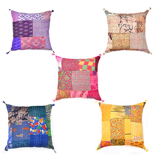 18X18 Indian Ethnic Bohemian Set of 5 Decorative Colorful Square for Sofa Set Home Decorative Floral Design Boho Throw Pillow Case Silk Cushion Cover