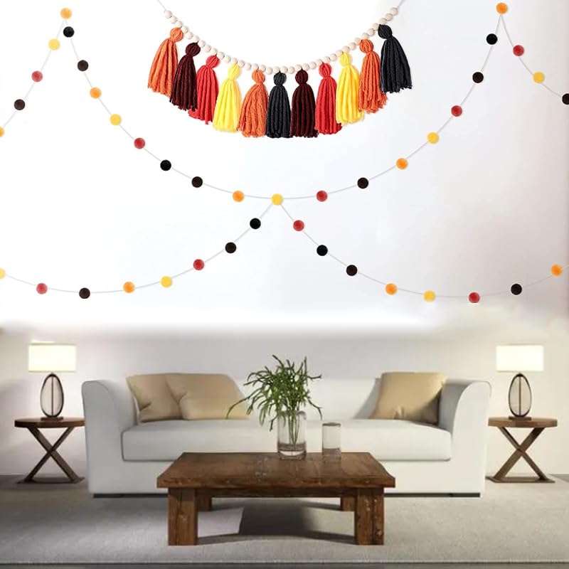 3PCS/Set Boho Tassel Garland,BetterJonny Boho Tassel Garland Wall Hanging Decor Pastel Banner with Wood Beads and 2Pcs Pom Pom Felt Ball for Home and Outdoor Decor - color: Style -2