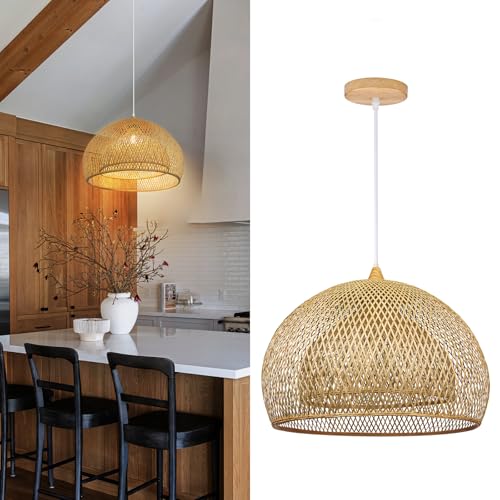 Arturesthome Bamboo Pendant Light for Kitchen Island, 17.6" Wicker Chandelier Lighting, Handmade Woven Hanging Ceiling Light Lampshade for Living Room Bedroom - size: B 17.6"*11.7"