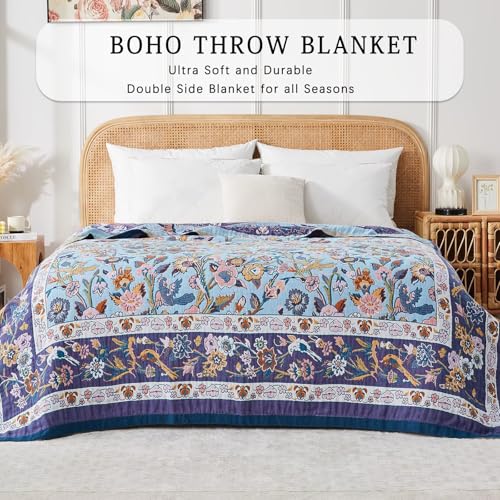 Boho Blanket Soft Muslin BohoThrow Blanket, 100% Cotton Floral Printed Farmhouse Decor All Season Reversible Rustic Throw for Sofa Couch Chair (Light Purple, 50"x60") - color: Light Purple, size: 50"x60"