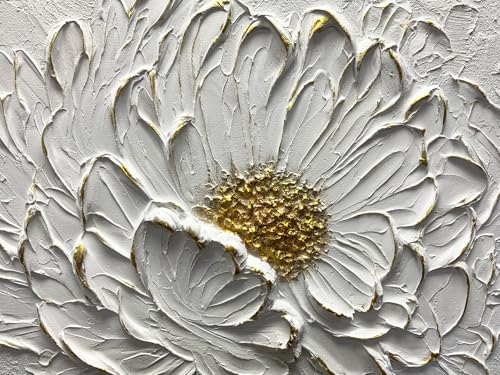 Boiee Art,30x45Inch Hand Painted Textured White Flower Oil Painting On Canvas Gold Acrylic Wall Art Abstract Landscape Paintings Stretched and Framed Ready to Hang - color: Creamy white&Gold, size: 30"L x 45"W