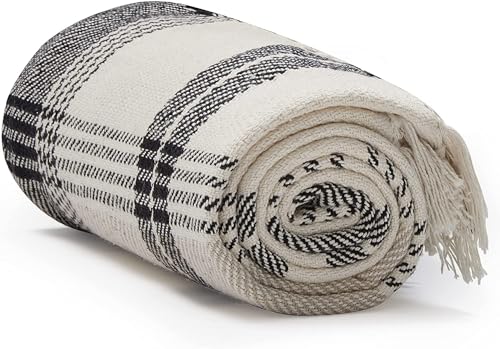 Americanflat 50x60 Throw Blanket - Soft and Breathable Cotton Throw Blanket for Couch, Bed, Chair - Decorative Blankets Perfect for Home, Office, or Outdoor Use - Black and Beige Plaid Design - color: Beige Black Plaid