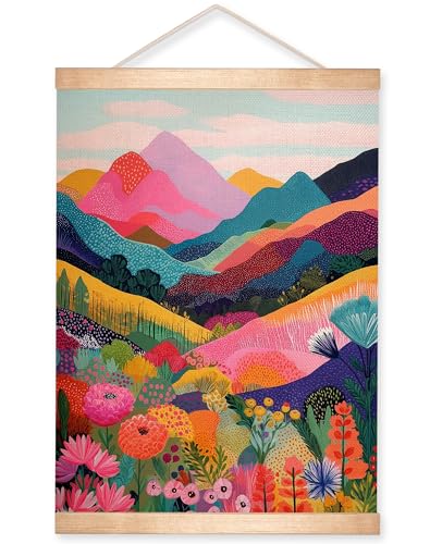 HEYJEEPER Colorful Landscape Wall Art, Vibrant Mountain & Floral Nature Poster, Boho Abstract Wall Hanging Decor,Colorful Landscape Wall Artfor Living Room, Bedroom, Office 18.5x14Inch - color: Red-Mountain