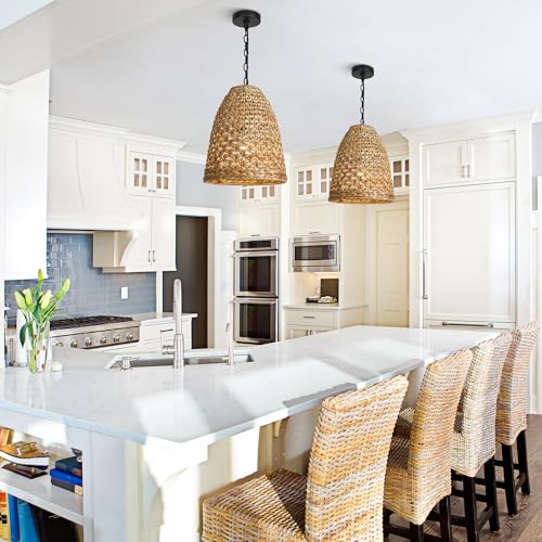 KSANA Boho Rattan Pendant Light, 1-Light Handwoven Wicker Hanging Light, 13" Natural Farmhouse Pendant for Kitchen Island, Dining Room & Entryway - size: 13"