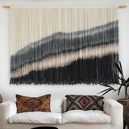 Jakalin Large Macrame Wall Hanging Dip Dyed Boho Wall Decor For Living Room Bedroom Entryway 57" Wx35 L Modern Fiber Yarn Wall Art Handmade Black Home Decor - color: Black