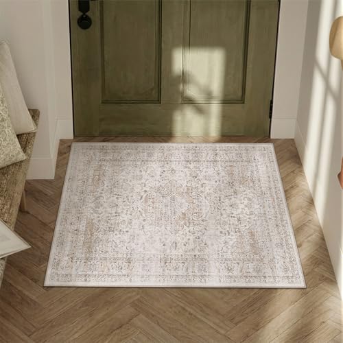 2x3 Washable Area Rug Beige Vintage Non Slip Soft Low Pile Small Rug for Entryway Kitchen Bathroom Distressed Oriental Throw Carpet for Living Room Bedroom Home Decor - color: Light Beige, size: 2' x 3' (Rectangular)