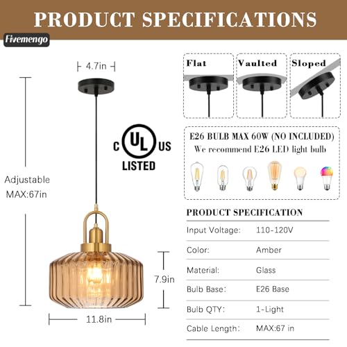 11.8in Mid Century Modern Pendant Light, Gold Large Amber Glass | Vintage Lighting Fixture Ceiling Hanging Lamp for Kitchen Island Foyer Dining Room Bedroom Entryway Hallway Over Sink Table - color: Amber & Gold Hardwire, size: 11.8in