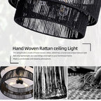 Black Boho Rattan Chandelier 23.6'' Hand Woven Chandelier Light Fixture 3-Light Farmhouse Drum Pendant Light for Dining Room Bedroom Kitchen Hallway Foyer - color: 23.6" Black Rattan