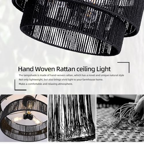 Black Boho Rattan Chandelier 23.6'' Hand Woven Chandelier Light Fixture 3-Light Farmhouse Drum Pendant Light for Dining Room Bedroom Kitchen Hallway Foyer - color: 23.6" Black Rattan