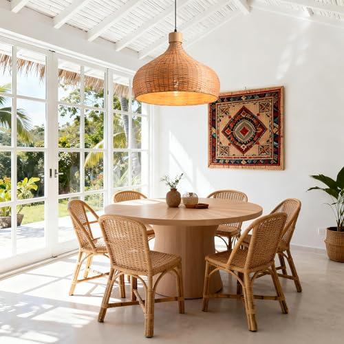 Bamboo Pendant Light, 18" Hand-Woven Rattan Hanging Light Fixture, Boho Wicker Chandelier with Adjustable Cord, Tropical Coastal Ceiling Lamp for Kitchen Island Dining Room Bedroom, E26 Base - color: D3034