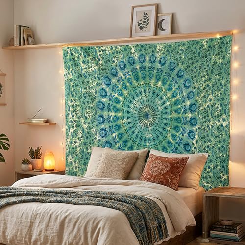 FURNISHFUL FINESSE Handmade Cotton Peacock Mandala Tapestry - Vivid Green Ombre Boho Wall Decor, Bohemian Hippie Room Hanging for Bedroom & Living Room - 54x84 Inches, (Green) - color: Green, size: 84"L x 54"W