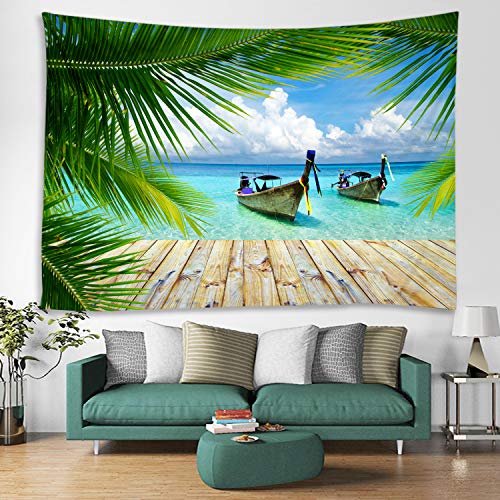 LYFANS Printed Fabric Tapestry Decorative Wall Art Tapestry Bedroom Dormitory Living Room Tapestry [79 x 59 inches] Seaside Boat Coconut Leaves - color: Seaside Boat Coconut Leaf, size: 79x59inch