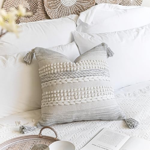 BlissBlush Gray Decorative Throw Pillow Cover 22X22, Boho Accent Pillow for Couch, Square Modern Farmhouse Pillowcase for Living Room Couch Sofa Cushion Home Décor (Pack of 1) - color: Light Gray, size: 22" x 22" (Pack of 1)