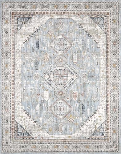 Hauteloom Balfour Area Rug - Medallion Geometric Border Diamond Distressed - Traditional Oriental Turkish Transitional Tribal - Ice Blue, Off White, Light Slate, Blue, Gray - 2' x 2'11" - color: Ice Blue, Off White, Light Slate / Kouta, size: 1'11" x 2'11
