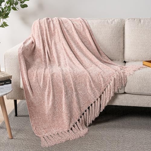 PAVILIA Blush Pink Blanket for Couch, Twin Size Bed, Chenille Throw for Sofa Bed, Soft Knit Woven Pink Blanket with Decorative Tassel for Living Room, Blush Pink Twin 60x80 - color: Blush Pink, size: 60 X 80 Inches - Twin