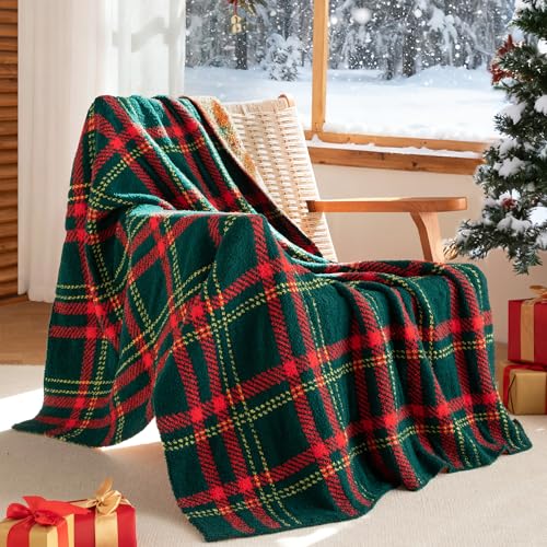 Exclusivo Mezcla Checkered Christmas Blanket, Ultra Soft and Warm Reversible Woven Knit Blanket, Lightweight Cozy Snuggly Throw for Couch Bed, Plaid Red and Green, 50"x60" - color: Red and Green, size: Throw (50"x60")