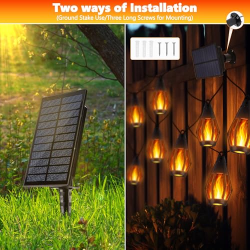 iBaycon Solar Flame Lights, 42Ft 15 LED Bulbs Flickering Flame String Light, Outdoor Waterproof Solar Flame Lights for Garden Yard Lawn Patio Decorations (Warm White) - color: Warm White, size: 42FT