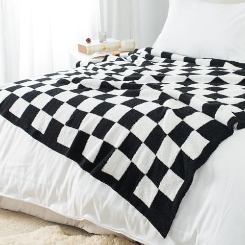 Carriediosa Checkered Throw Blanket 50" X 60", 400GSM Ultra Soft Microfiber Fuzzy Fluffy Reversible Cute Preppy Knitted Blankets Cozy Plush Fall Throws for Couch, Bed, Sofa, Black - color: Check - Black, size: 50" X 60"