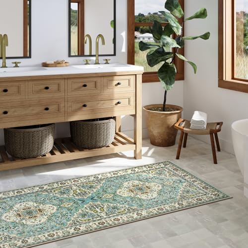 Lahome Felice Floral Medallion Runner Rug - 2x6 Hallway Bedside Turkish Throw Rug Runner Mat Soft Faux Wool Non-Slip Machine Washable Floor Carpet for Kitchen Laundry Bathroom, Sky/Baby Blue - color: Sky/Baby Blue, size: 2' x 6' (Runner)