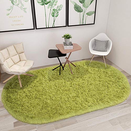 junovo Ultra Soft Washable Shaggy Rug - Non-Slip Oval Carpet for Nursery, Kids Bedroom & Home Decor (2.6x5.3ft Green) | Plush Fluffy Floor Mat for Cozy Living Spaces - color: Green, size: 2.6' x 5.3'