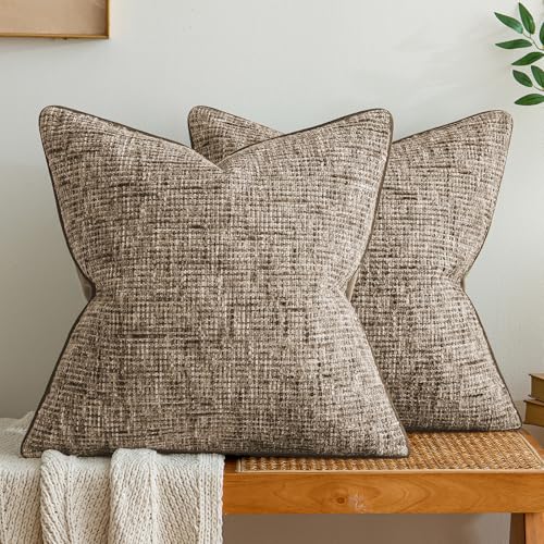 a moment Brown Reversible Pillow Covers 2 Pack - Farmhouse Chenille Velvet Throw Pillows, Neutral Textured Decorative Throw Pillow Covers with Border for Couch Sofa Bed (16x16 Inch, No Insert) - color: Brown, size: 16" x 16" (Pack of 2)