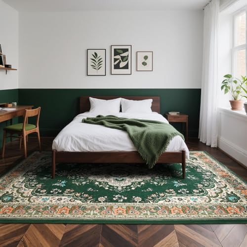 HOMORE 4x6 Washable Rug Green Rugs for Bedroom, Non Slip Rug for Living Room, Faux Wool Throw Carpet for Kitchen, Vintage Rugs for Entryway for Dinning Room Office - color: Deep Green, size: 4' x 6' (Rectangular)