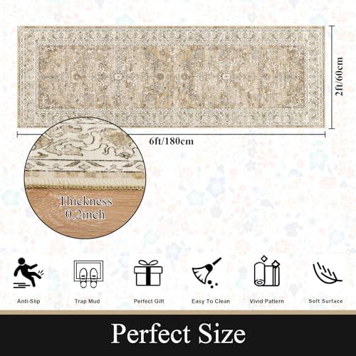 U'Artlines 2' x 6' Boho Hallway Runner Rug Vintage Farmhouse Non Slip Soft Washable Accent Runner Carpet for Kitchen, Entryway, Laundry, Living Room(Cream Tan) - color: Cream Tan, size: 2' x 6' (Runner)