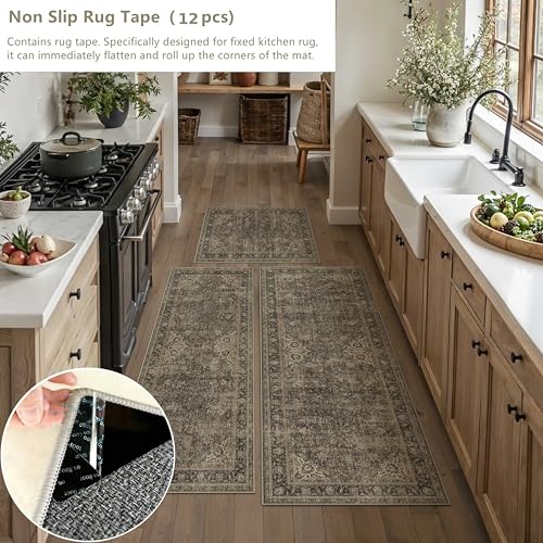 Kitchen Rug Set of 3 Washable Brown Vintage Kitchen Mats for Floor Non Slip Kitchen Runner Rug Soft Low Pile Distressed for Bathroom Laundry Hallway Sink Entryway - color: Brown, size: 20"x32"+20"x48"+30"x50"