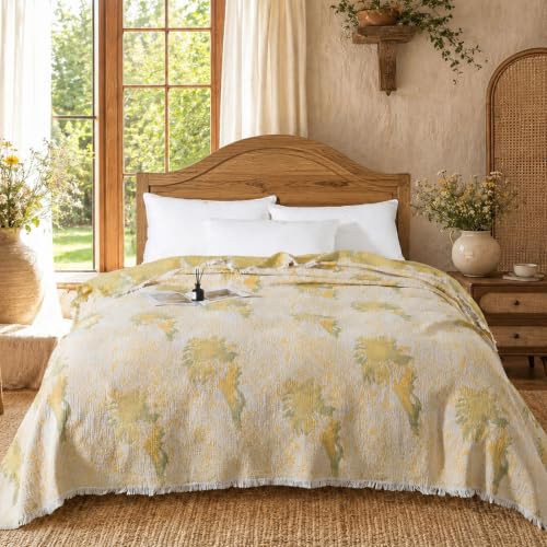 Lemfux 4-Layer 100% Cotton Muslin Cooling Blanket, Boho Floral Gauze Throw with Fringe, Ultra Soft Breathable Lightweight Bedspread Coverlet for Bed Sofa Couch - color: Sunflower Floral, size: 80"x90"