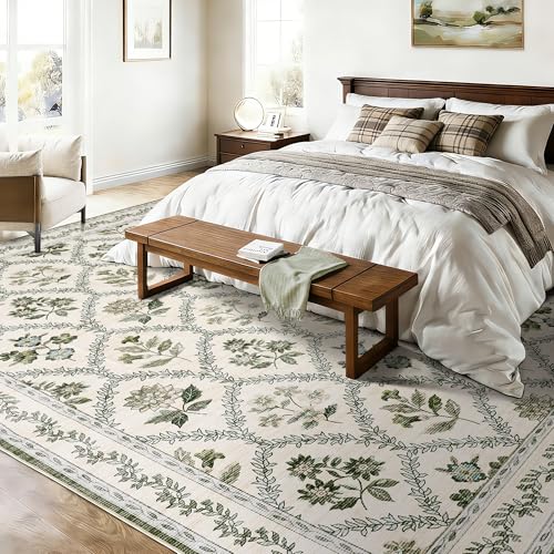 Green Area Rug 6x9 Olive Green and Beige Cream Rugs for Living Room, Non Slip Vinatge Boho Bedroom, Low-Pile Print Flower Leaf Floral Floor Covering Carpet for Home Office, Dining Room - color: Olive / Beige, size: 6' x 9' (Rectangular)