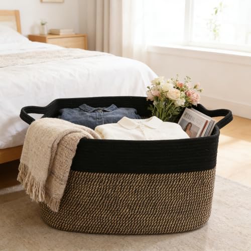 Large Blanket Basket,Woven Rope Basket Storage Bin with Handles,65L Rectangle Laundry Basket for Magazines,Toys,Clothes,Newspaper Shelf Organization,Nursery and Living Room,Black&Jute - color: Black & Jute, size: 21"x16"x12"(65L)