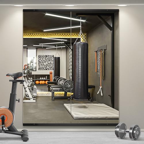 TRAHOME Home Gym Mirror for Wall,60x25x2PCS Full Length,Glass Frameless Body Large Mirror for Home Gym,Workout,Bedroom,Garage(Black) - color: Matte Black, size: 60"L x 25"W x 2PCS