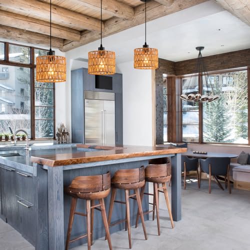 Woven Pendant Light Boho Chandelier, Rattan Pendant Lights Kitchen Island, Farmhouse Pendant Lighting with Hand Woven Wicker Shade, Boho Chandelier Light Fixtures Ceiling Hanging Light - color: 1 Pack Brown