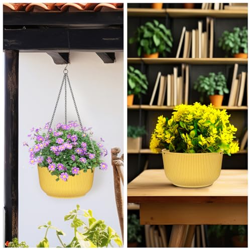 RooTrimmer Hanging Planters 9/10/11 Inch for Indoor Plants, 3 Pack Plant Hanger Outdoor with Drainage Holes, Self Watering Hanging Basket Flower Pot for Garden Home Decor, Yellow - color: Yellow