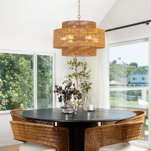 23.6" Rattan Chandelier Light Fixture,6-Light Vertical Woven Rattan Chandelier, 3-Tier Drum Hand-Woven Boho Light Fixture for Dining Room, Bedroom, Kitchen Island, Foyer - color: Gold-A 23.6"
