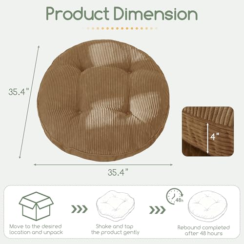 HIGOGOGO 35" Floor Pillow Cushion for Adults, Meditation Cushion Pillow, Extra Large Square Floor Sitting, Tufted Corduroy Cover for Tatami Living Room or Yoga, Coffee - color: Coffee, size: 4" Thick Round