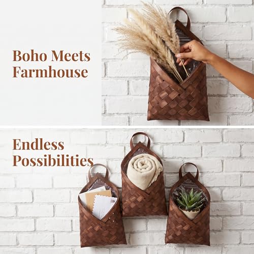 Hemobllo Woven Hanging Wall Basket for Storage, Handmade Wooden Flower Bag for Wall Decor, Rustic Farmhouse Hanging Fruit Basket for Kitchen, Boho Entryway Mail Organizer & Flower Girl, Coffee