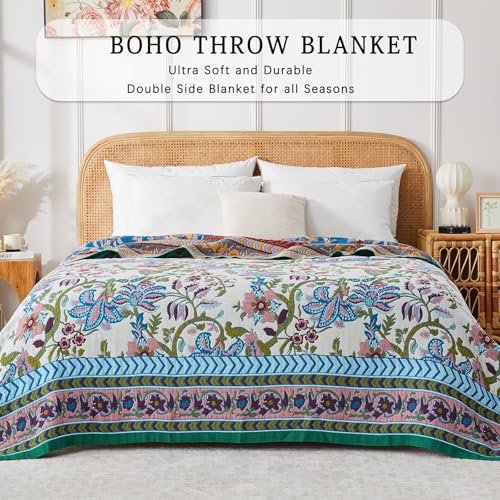 Boho Blanket Soft Muslin BohoThrow Blanket, 100% Cotton Floral Printed Farmhouse Decor All Season Reversible Rustic Throw for Sofa Couch Chair (White, 50"x60") - color: White, size: 50"x60"