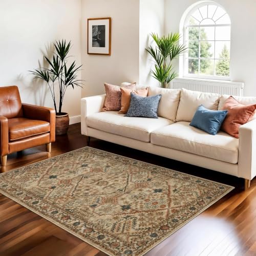Joydeco 3x5 Area Rugs for Living Room Vintage, Tan | Non Slip Machine Washable Low Pile for Bedroom Dining Room Home Office Pet & Child Friendly - color: Tan, size: 3' x 5' (Rectangular)